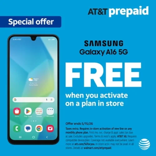 AT&T Samsung Galaxy A16 5G, 64GB, Blue Black - Prepaid Smartphone