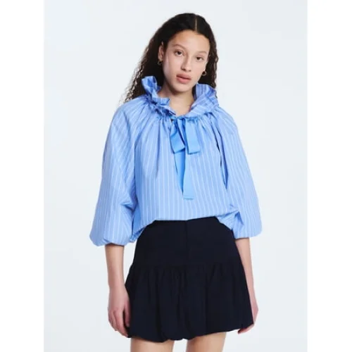 Free Assembly Women's Ruffle Tie Neck Cotton Top with Long Puff Sleeves, Sizes XS-XXL