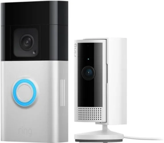 Ring Essential Security Set with Battery Doorbell Plus and Indoor Cam - Satin Nickel and White