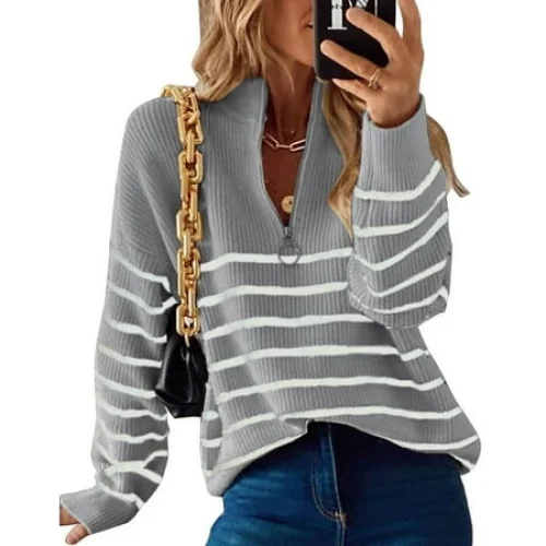 Women's Striped Quarter Zip Pullover Sweater - Shermie Knitted Warm Casual Fashionwear