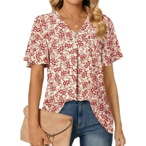 Fantaslook Women's Tops Dressy Blouses V Neck Short Sleeve Tunic Tops Casual Work Shirts
