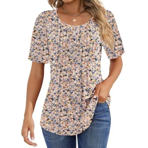 Fantaslook Women's Pleated Short Sleeve Tunic Tops Dressy Casual Summer Shirts