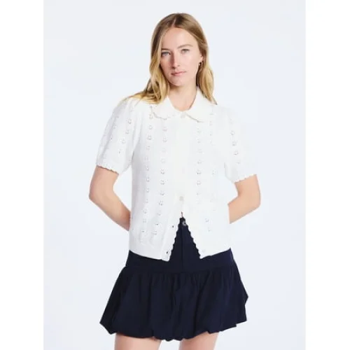 Free Assembly Women's Cotton Pointelle Cardigan Sweater with Short Sleeves, Sizes XS-4X
