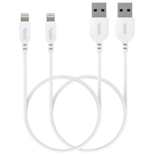 2 Pack 3ft onn Lightning to USB Charging Cable, MFI Certified, White, Compatible with Apple Devices