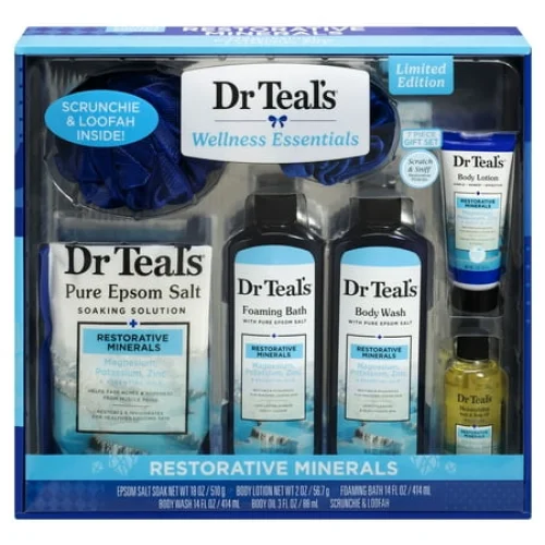 7-Piece Dr Teal&rsquo;s Restorative Minerals Bath Gift Set with Loofah and Bath Essentials