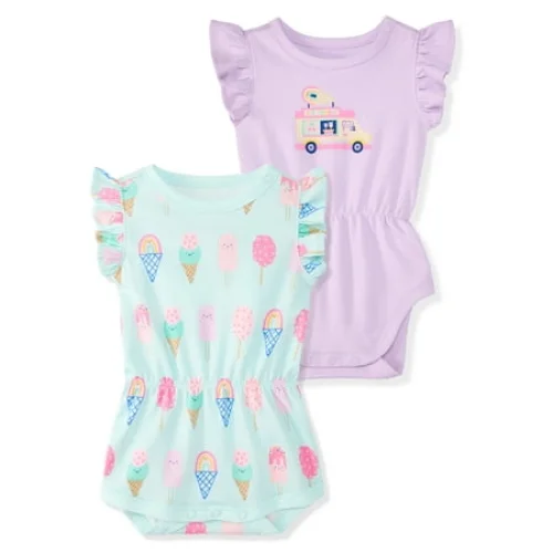 Garanimals Newborn & Baby Girl Cotton Short Sleeve Rompers, Graphic Prints, 2-Pack, Sizes 0 - 24M