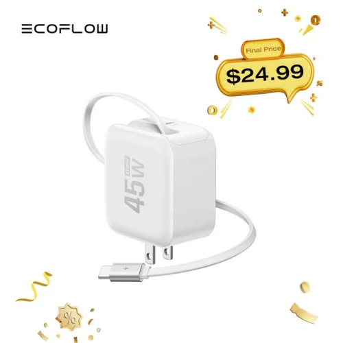 EcoFlow 3-in-1 45W USB C Charger with Retractable Cable 2-Port Fast Charger