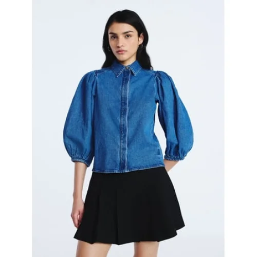 Scoop Women&rsquo;s Denim Shirt with 3/4 Length Puff Sleeves, Sizes XS-XXL