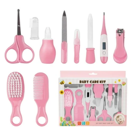 BUSATIA 10 in 1 Baby Healthcare and Grooming Kit,Safety Newborn Nursery Care Set, with Hair Brush Comb,Nail Clipper,Thermometer,Pacifier Clip,Nasal Aspirator for Newborn Infant Baby-Pink
