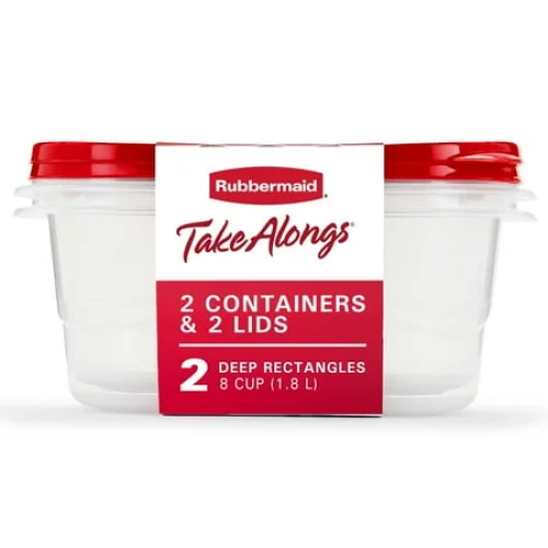Rubbermaid TakeAlongs, 8 Cups, 2 Packs, Red, Plastic Deep Rectangle Food Storage Containers