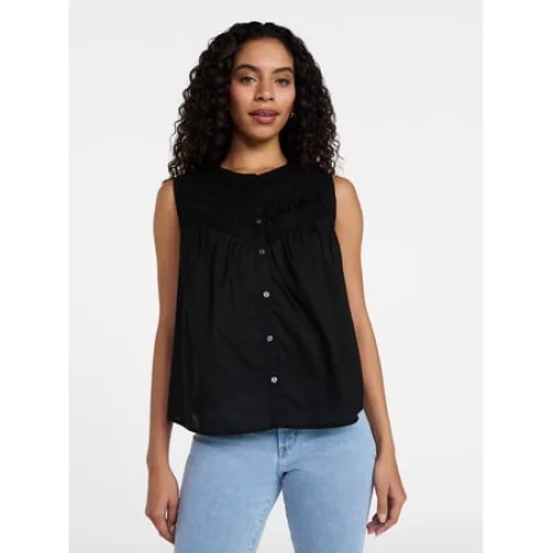 Time and Tru Women's Cotton Sleeveless Pleated Top, Sizes XS-XXXL