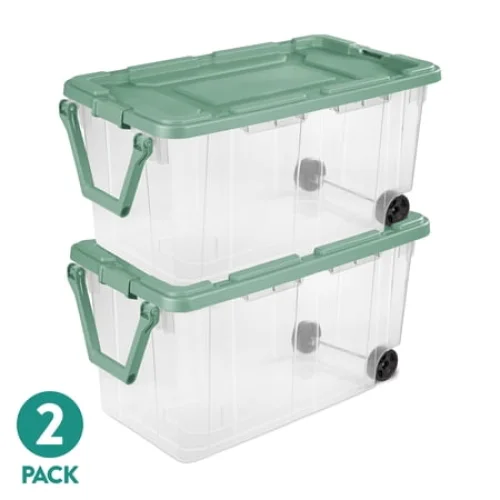 Sterilite Extra-Large Wheeled Rugged Storage Bin, 160 Quart Durable Clear Storage Container with Latching Lid and Pull Handle, Green, 2 Pack
