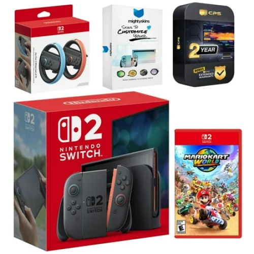 Nintendo Switch 2 Console with Mario Kart World, Joy Con Wheel, MightySkins Code and 2 CPS Year Extended Warranty