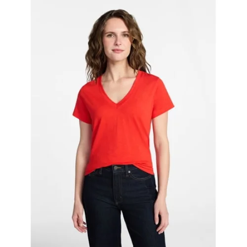 Time and Tru Women's Slub V Neck Tee with Short Sleeves, Sizes XS-XXXL