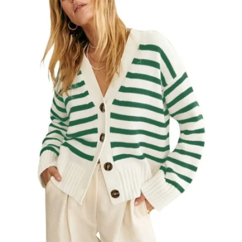 SHEWIN Womens Striped Cardigan Sweaters Button Down Long Sleeve V Neck Lightweight Open Front Knit Fall Cardigans