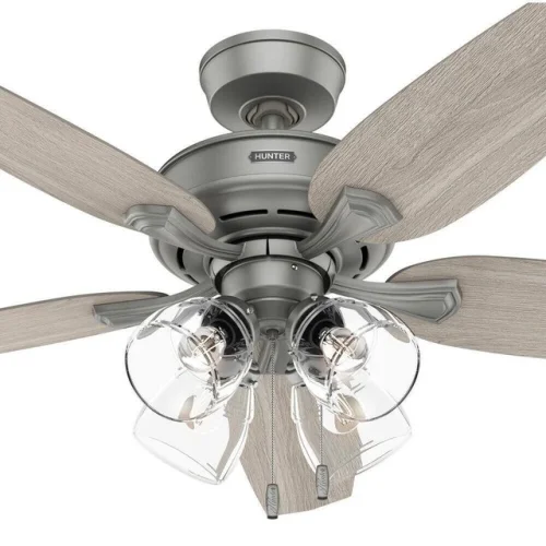 Hunter Fan 52 in Traditional Matte Silver Ceiling Fan with Light and Pull Chain
