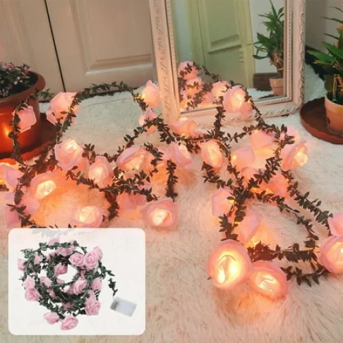 DAMAI 118 Inches LED Pink Rose Flower String Lights, LED Rose Flower Fairy String Lights Battery Operated Warm Flashing Light for Romantic Proposal Wedding Party Birthday Christmas DIY Decorations