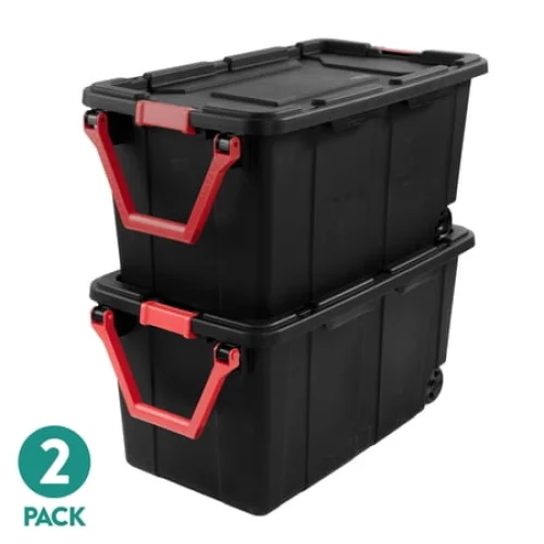 Sterilite Extra-Large Wheeled Industrial Storage Bin, 40 Gallon Durable Plastic Storage Tote with Latching Lid and Pull Handle, Black, 2 Pack