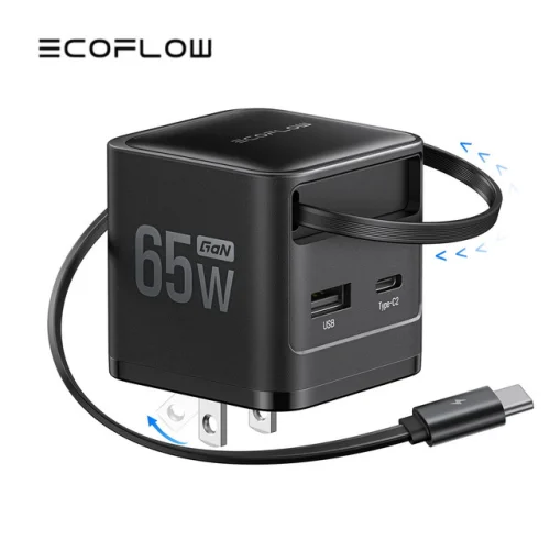 EcoFlow 65W USB-C Charger with Retractable Cable 3-in-1 Fast Charger Compatible
