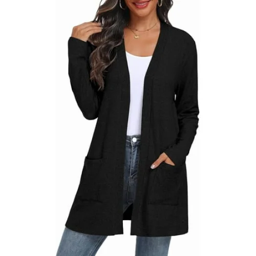 JWD Women's Cardigan Open Front Lightweight Cardigan Long Sleeve Sweater Cardigans with Pockets Black L