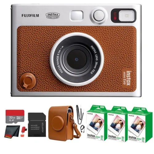 Fujifilm Instax Mini EVO Instant Film Camera (Brown) with 60 Films + 32GB Card
