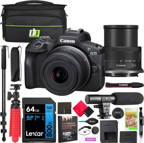 Canon EOS R100 Mirrorless Camera + RF-S 18-45mm F4.5-6.3 IS STM Lens Kit Bundle
