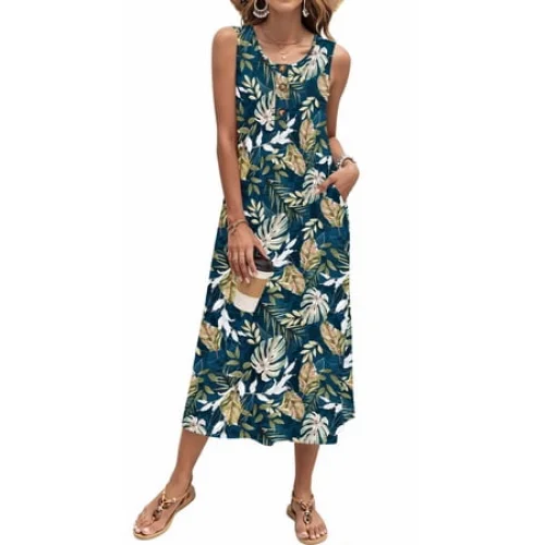 Fantaslook Long Tank Dresses for Women Summer Sleeveless Button Down Dress Casual Loose Beach Vacation Sundress