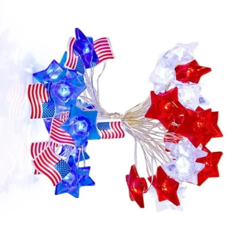 4th of July Patriotic Decorations - Red White Blue LED Star & Flag String Lights, Flashing Outdoor/Indoor Light String for Independence Day, Memorial Day, Christmas, Party, Yard, Home Decor