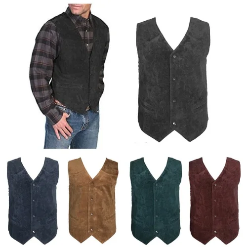 Men's Suede Vest Soft Casual 4 Snap Closure Western Front Pockets Sleeveless Top