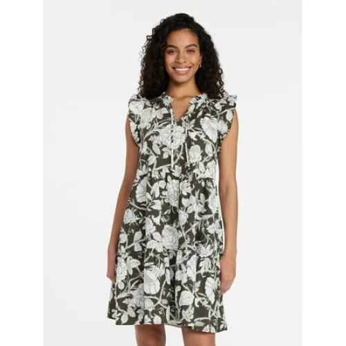 Time and Tru Women&rsquo;s and Women&rsquo;s Plus Flutter Sleeve Mini Dress, Sizes XS-4X