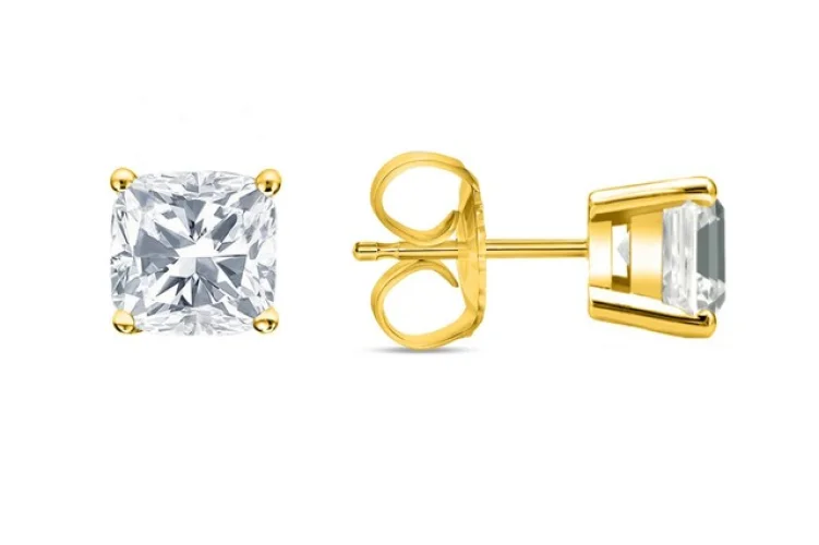 IGI F/VVS 4 Ct Cushion Lab Created Grown Diamond Earrings 18K Yellow Gold Push