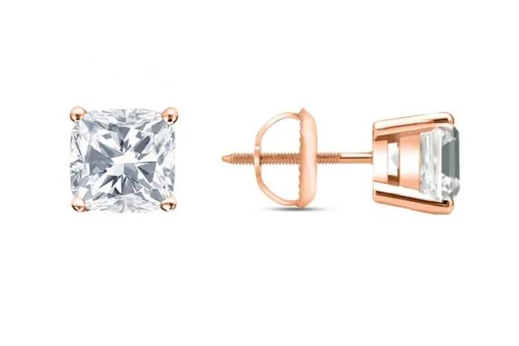 IGI Lab Created Grown Diamond F/VVS 5 Ct Cushion Earrings Studs 14K Rose Gold