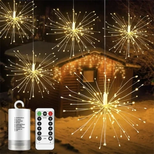 Waterproof LED Hanging Bouquet Shape Copper String Lights | 120 LEDs | Explosion Style | IP65 Outdoor Decor | Wireless Remote | 8 Flash Modes | Battery Operated | Warm White