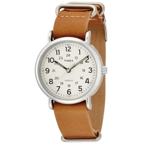 Timex T2P492 Women's Weekender Cream Dial Brown Leather Band Watch