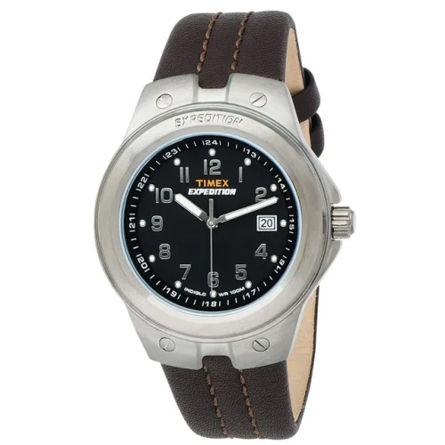 Timex T49631 Men's Black Dial Brown Leather Strap Steel Watch
