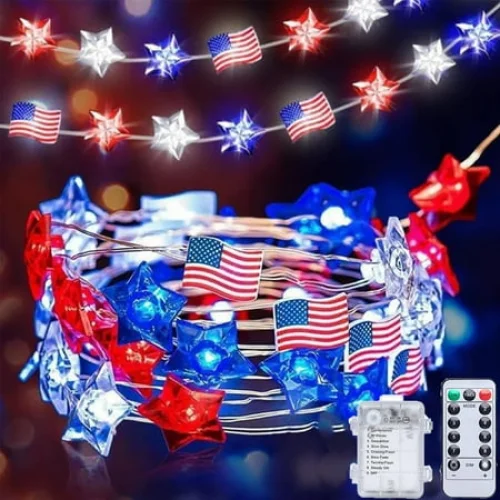 Chmadoxn Independence Day Patriotic Flag-Shaped Copper Wire Lights -2 Pack Red White Blue Flashing Star String Lights for Outdoor/Indoor Holiday Decor, 4th of July Party, Garden and Porch Displays
