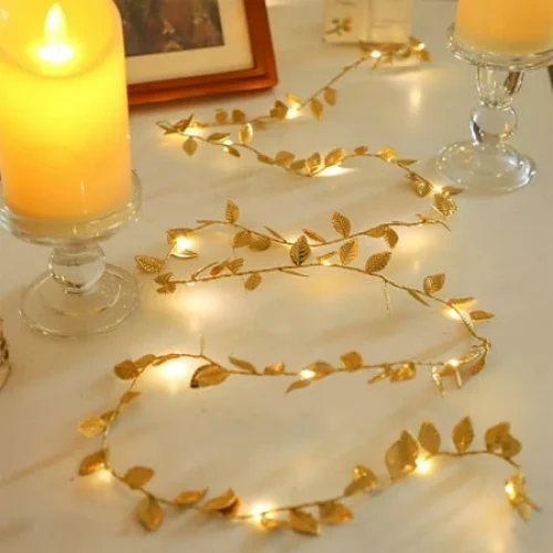 Golden Leaf LED String Lights with Rattan Design, Battery-Operated Flashing Fairy Lights for Home Decor, 200cm or 300cm Length, 1-Pack