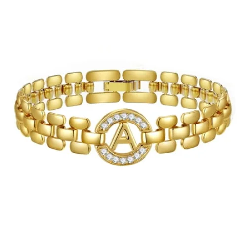 APSVO 18K Gold Plated Initial Charm Bracelets for Women Cubic Zirconia Watch Bangle Letter A Chain Bracelet Graduation Jewelry Gifts Her Mom Girlfriend Wife Female Teen Ideas
