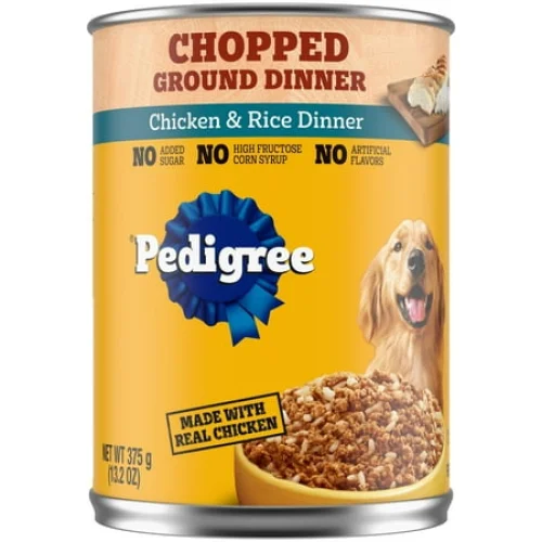Pedigree Chopped Ground Dinner Chicken & Rice Dinner Adult Soft Wet Dog Food, 13.2 Oz Cans