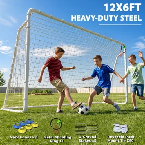 Kdymod 12&times;6 FT Soccer Goal for Backyard,Heavy-Duty Metal Soccer Net with Target Net,Outdoor Soccer Goal Soccer Equipment Set with 6 Soccer Cones & 5 Stakes for Kids and Adults ,White