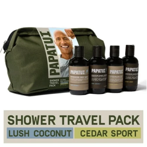 Papatui Holiday Gift Set, Men's Shower Travel Pack Dopp Kit, 4 Minis, Body Wash, Shampoo + Conditioner 2-in-1, Lush Coconut and Cedar Sport Scents, Limited Edition