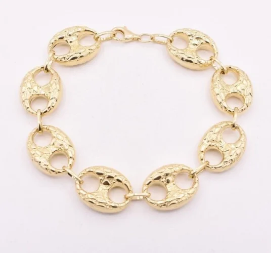 17mm Puffed Mariner Anchor Nugget Textured Chain Bracelet Real 10K Yellow Gold