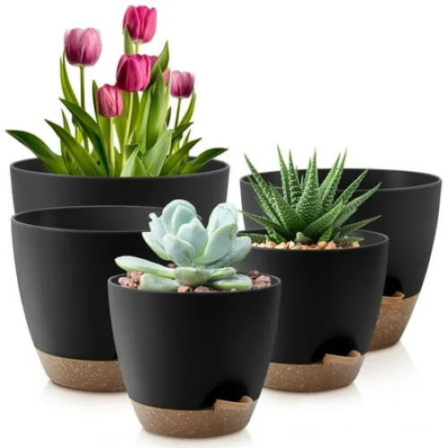 FOUKUS Set of 5 Self-Watering Plant Pots with Drainage &ndash; Eco-Friendly Plastic Planters for Indoor & Outdoor Use &ndash; Pots for Succulents, Cactus, Snake Plants (7", 6.5", 6", 5.5", 5") &ndash; Black