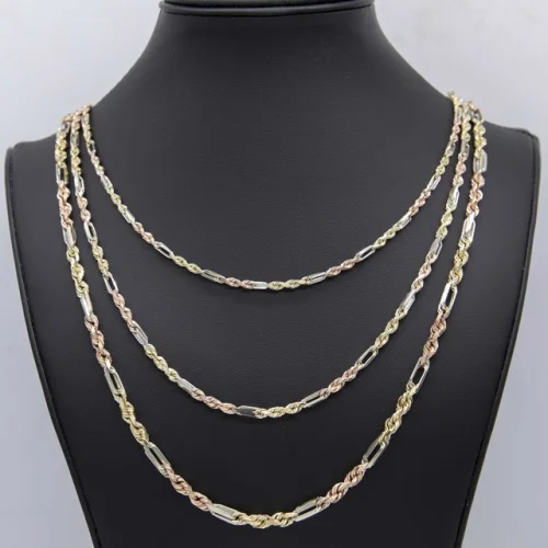 Milano Figaro Rope Chain Necklace Real 14K Tricolor Gold All Sizes
