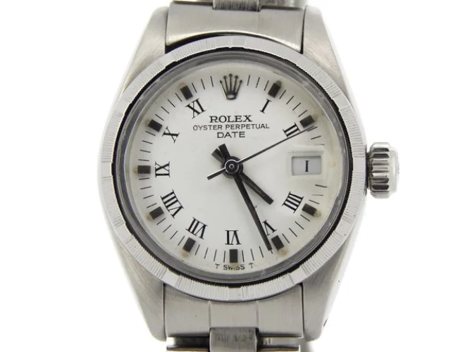 Rolex Oyster Perpetual Date 6919 Ladies Stainless Steel Watch White Roman Dial