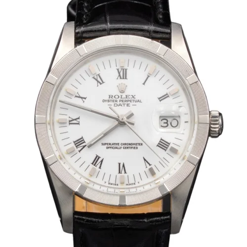 Mens Rolex Date Stainless Steel Watch Black Leather White & Black Roman 15010