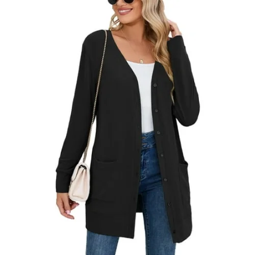 SHOWMALL Women Lightweight Cardigan Long Sleeve Button Down V Neck Casual Lightweight Knit Sweater Open Front Cardigan, US Size Medium, Black