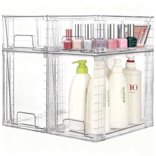 Sindcom 4 Pack Large Clear stackable storage drawers, Acrylic cosmetic and makeup organizer, Bathroom under sink organizers and storage, Plastic Bins for Kitchen , Pantry, Medicine, 2High+2Small