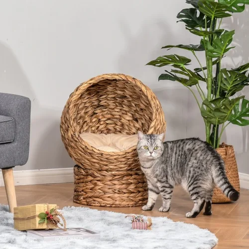 24" Water Hyacinth Elevated Cat Kitten Bed Ball Condo Pod Pet House Tree Brown