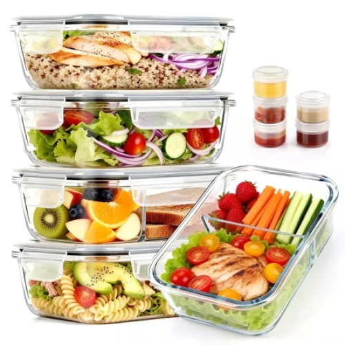 20 Pcs Glass Food Storage Containers with Lids 22oz, 1 & 2 Compartment Glass Airtight Meal Prep Containers with Sauce Containers(10 Containers & 10 Lids), Oven & Freezer Safe, Leak Proof, Grey